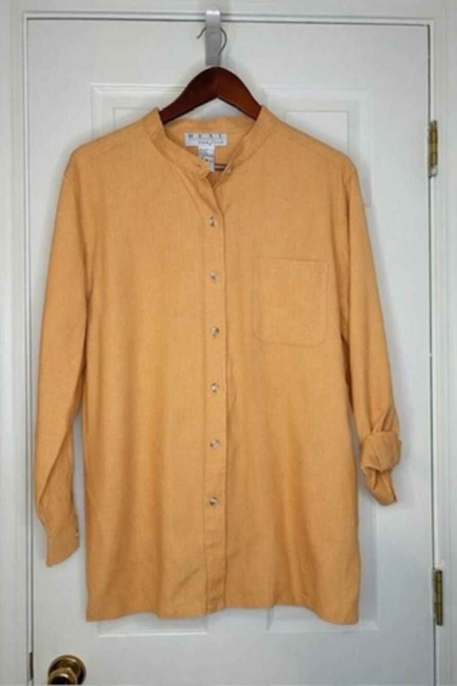 Real Comfort Womens L Tan 100% Linen Mandarin Collar Longline Button Shirt